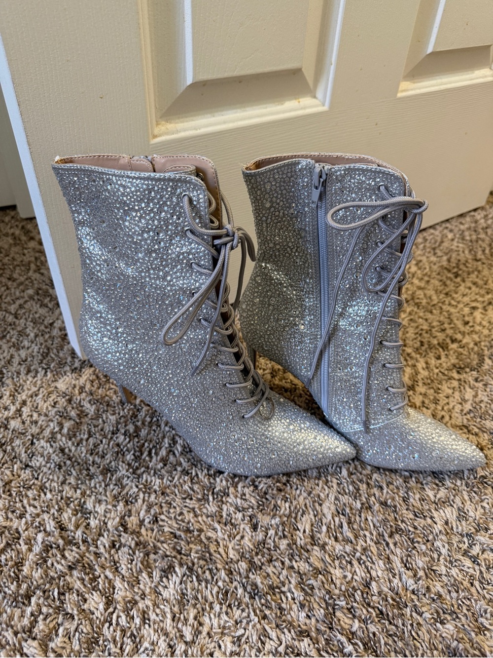 New Sparkle Lace-Up Pointed-Toe Ankle Boots - Silver perfect condition, size 10